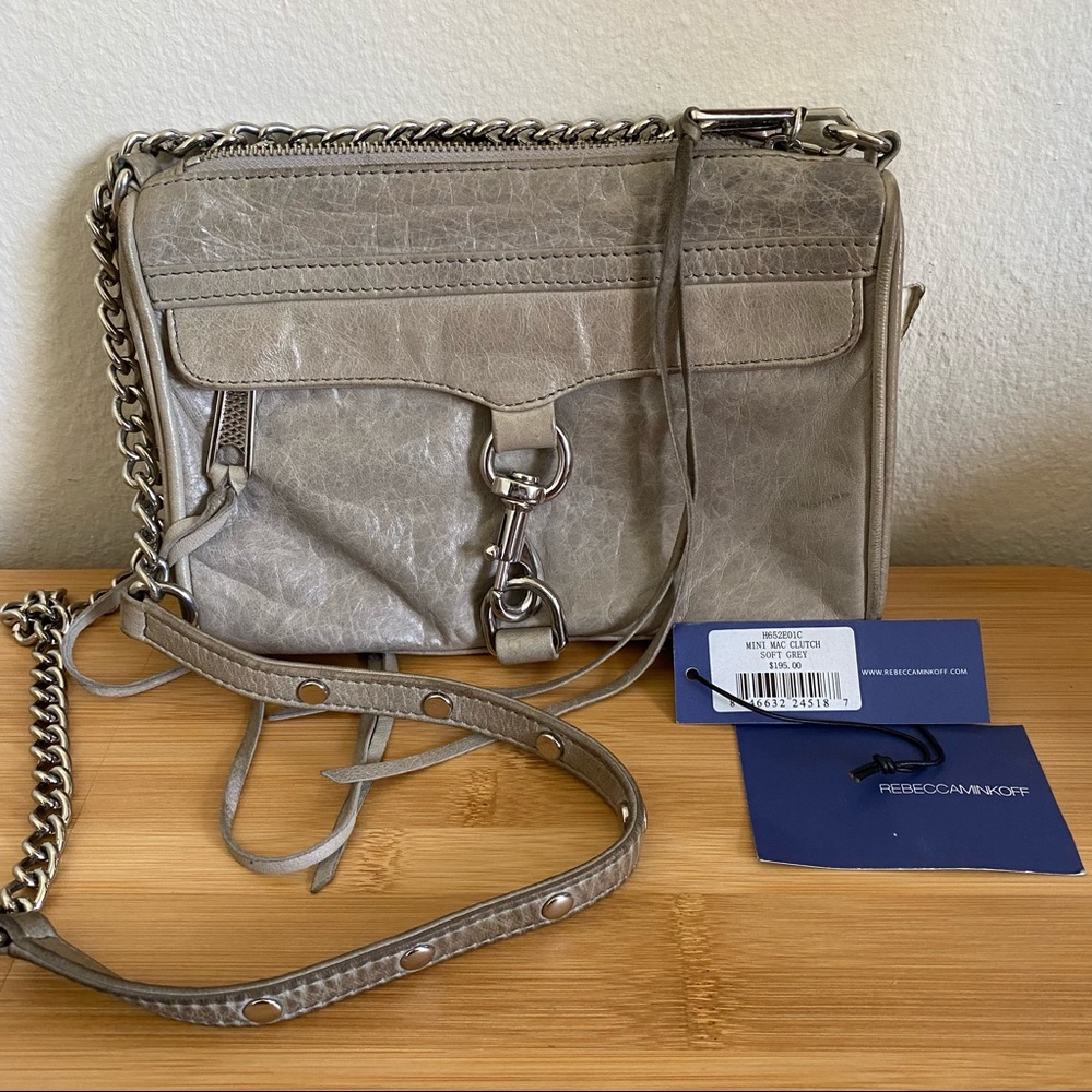 Rebecca Minkoff mini mac clutch bag shoulder crossbody soft grey leather